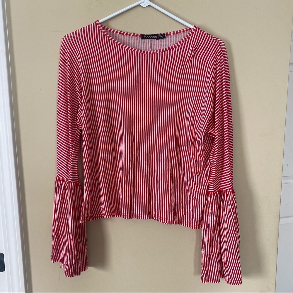 boohoo Red White Stripe Bell Sleeve Top